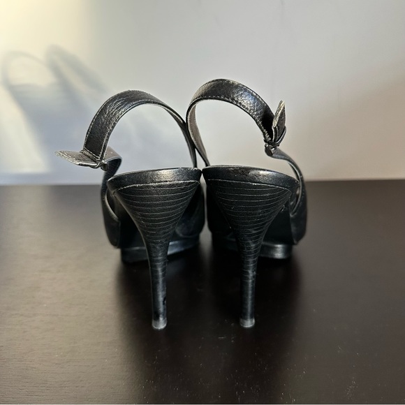 Guess Black Leather Slingback Platform Sandals Heels Silver Chain Detail - Picture 7 of 8